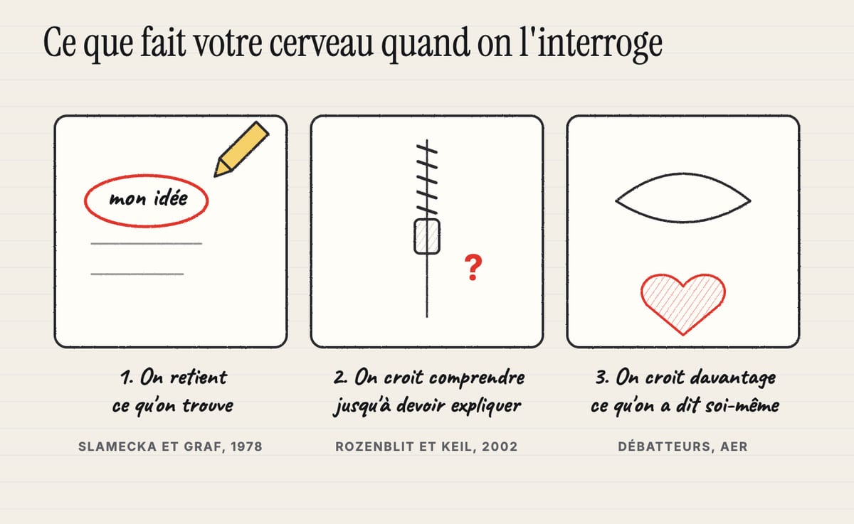 Ce que fait votre cerveau quand on l'interroge : on retient ce qu'on trouve, on croit comprendre jusqu'à devoir expliquer, on croit davantage ce qu'on a dit soi-même