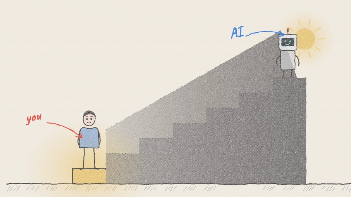 AI standing in front of the light at the top of a staircase, you on the only lit step