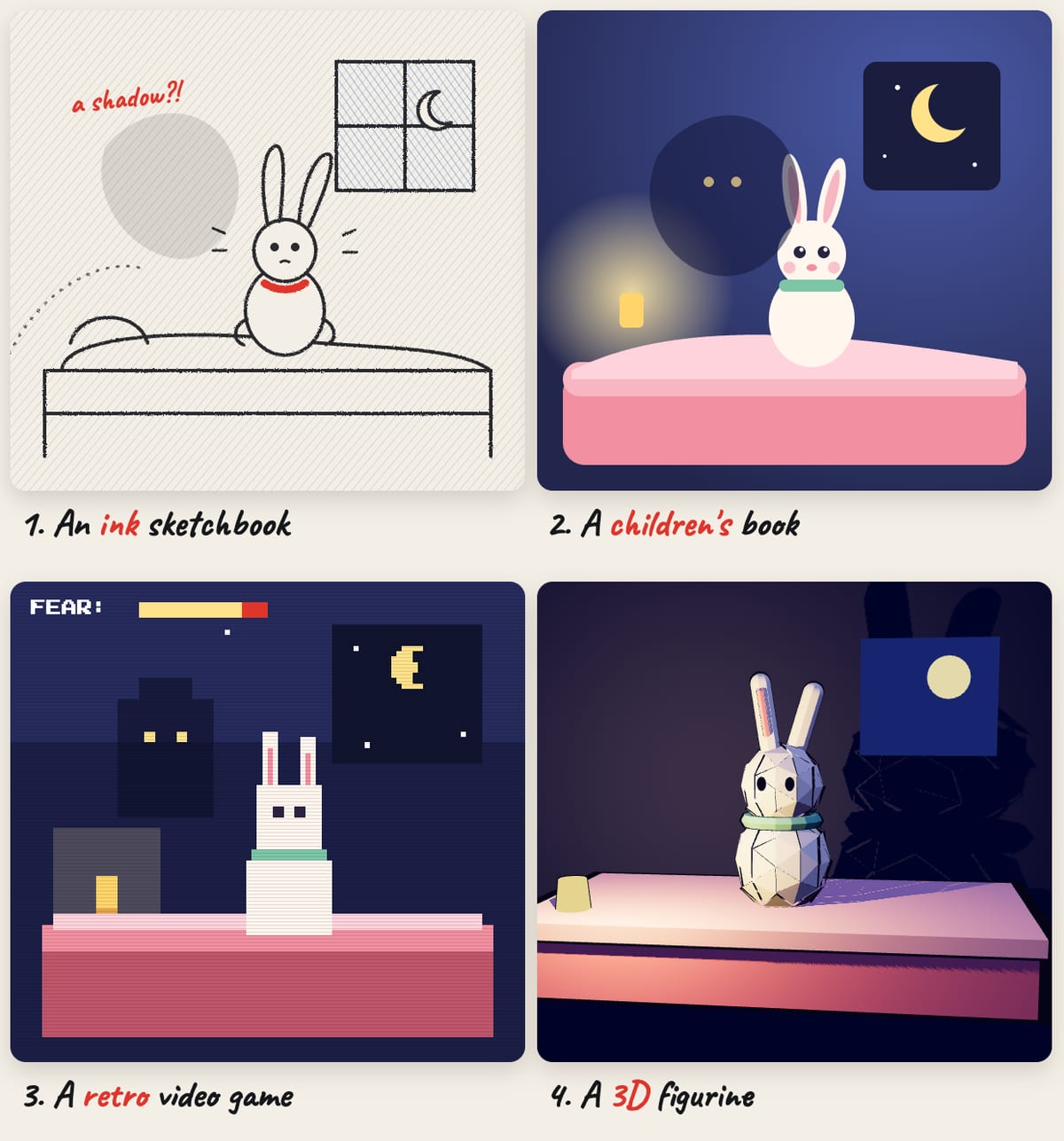 The same teddy scared of the dark, in four styles: ink sketchbook, children's book, retro video game, 3D figurine